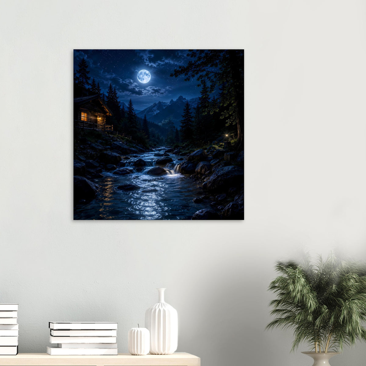 Waldposter mit rauschendem Fluss und Mondlicht, Nachtblau – an der Wand