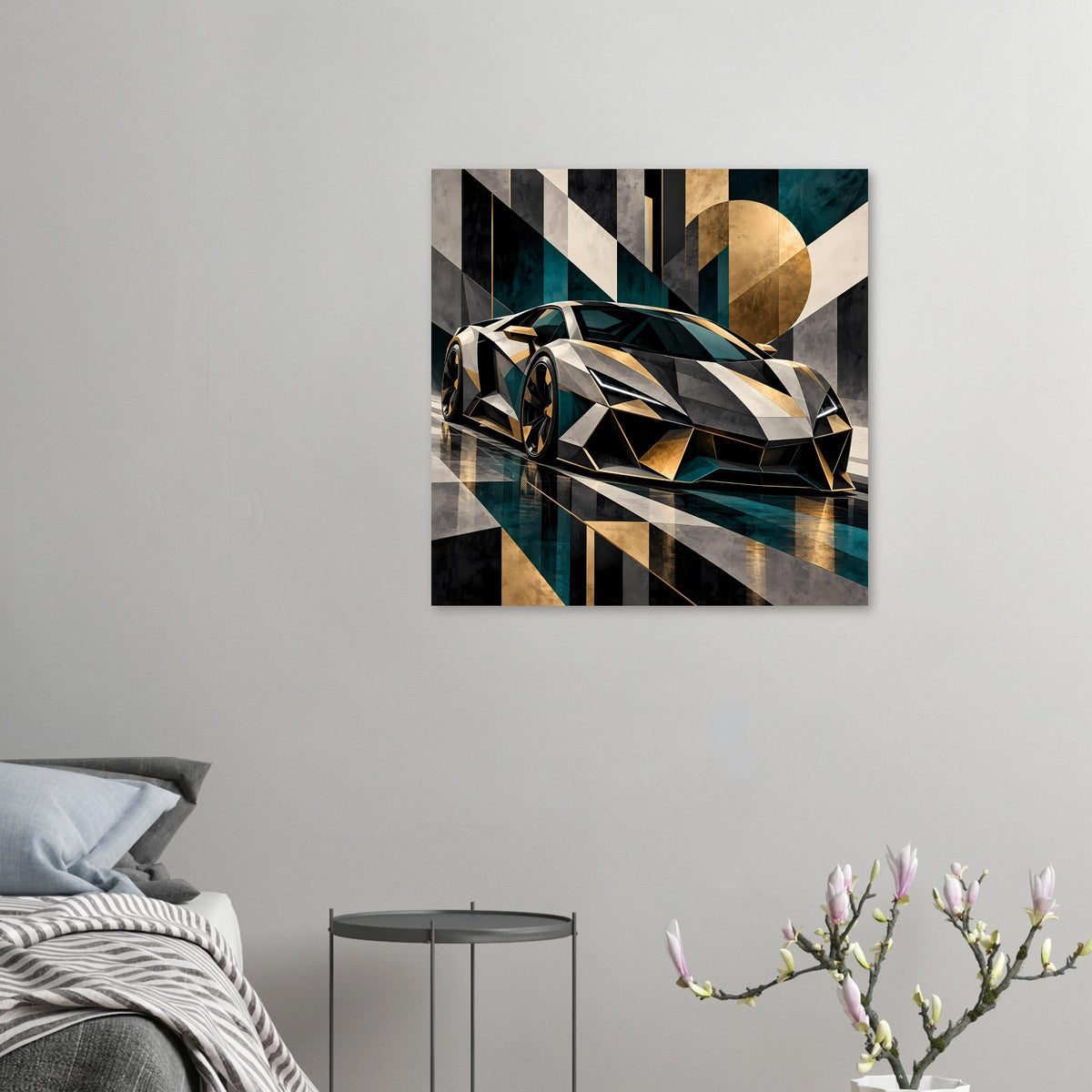 Kleines Autoposter mit geometrischem Luxus-Sportwagen, Gold- und Petrolfarben