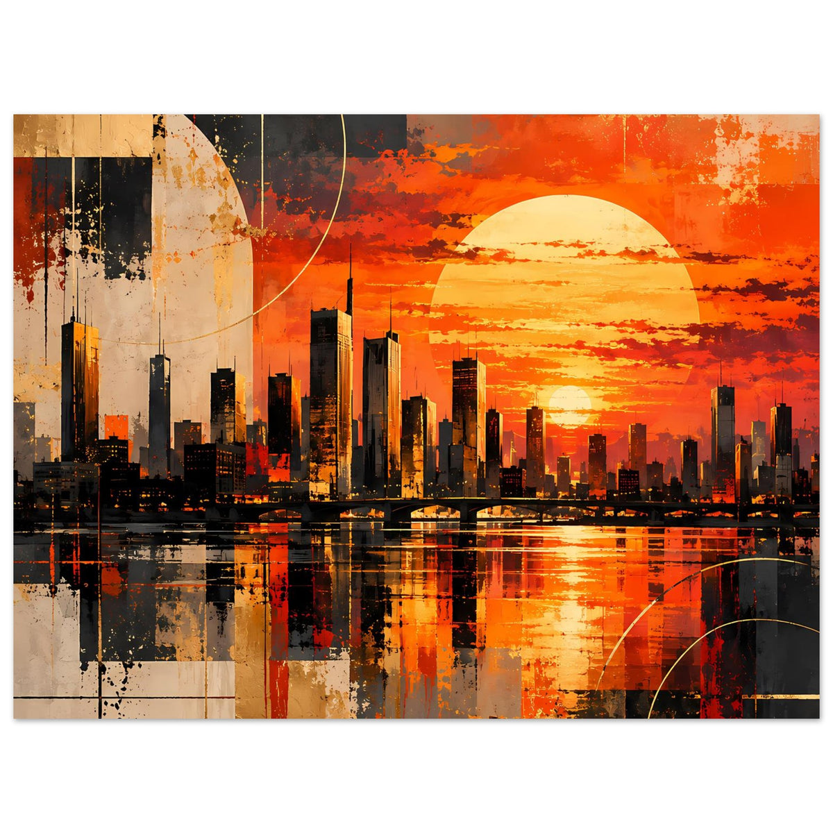 Poster mit abstrakter Stadtsilhouette, orangeem Himmel, großer Sonne und reflektierender Wasserfläche