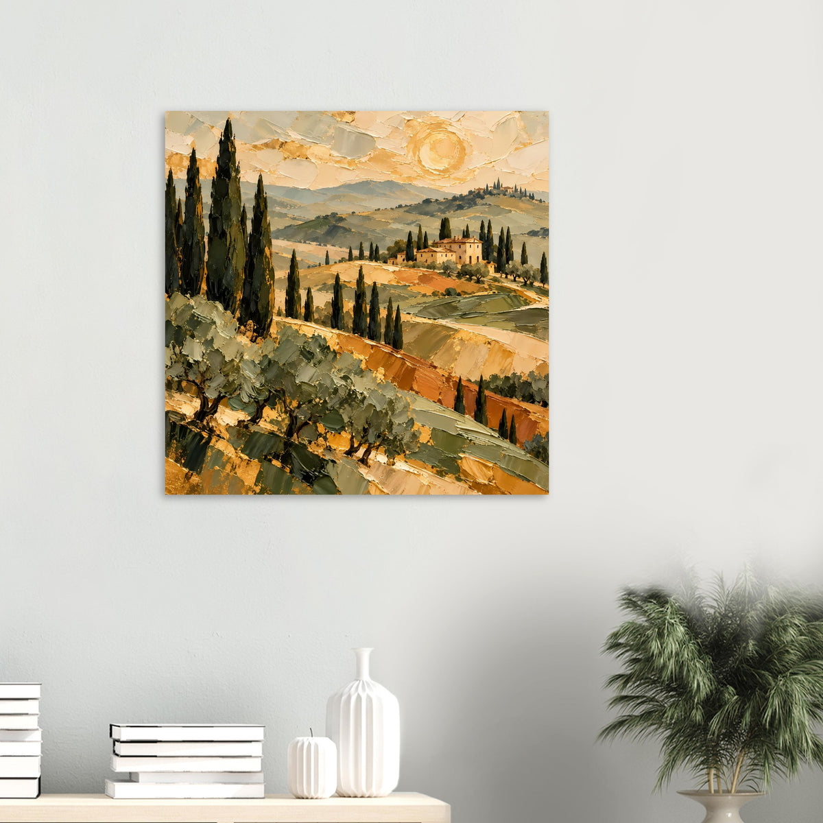 Goldtöniges Tuscan-Landschaftsposter, kleines Motiv: warmes Tal, Felder und Zypressen