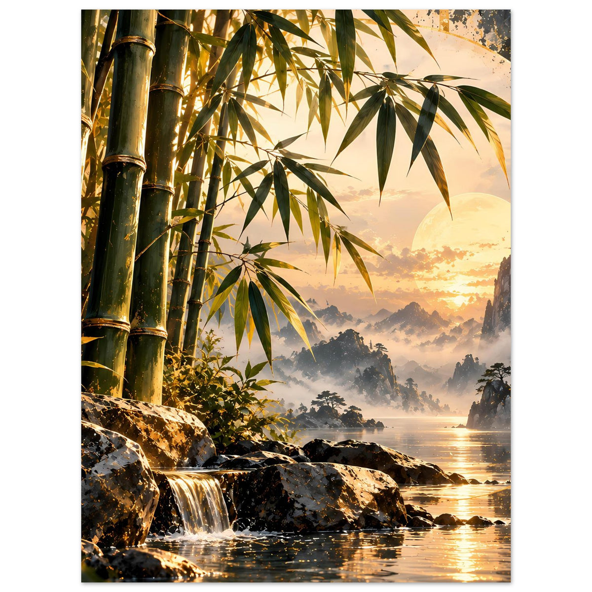 Rechteckiges Poster: Bambusblätter im Vordergrund, Abendsonne, Wasserfall und ruhiger See.
