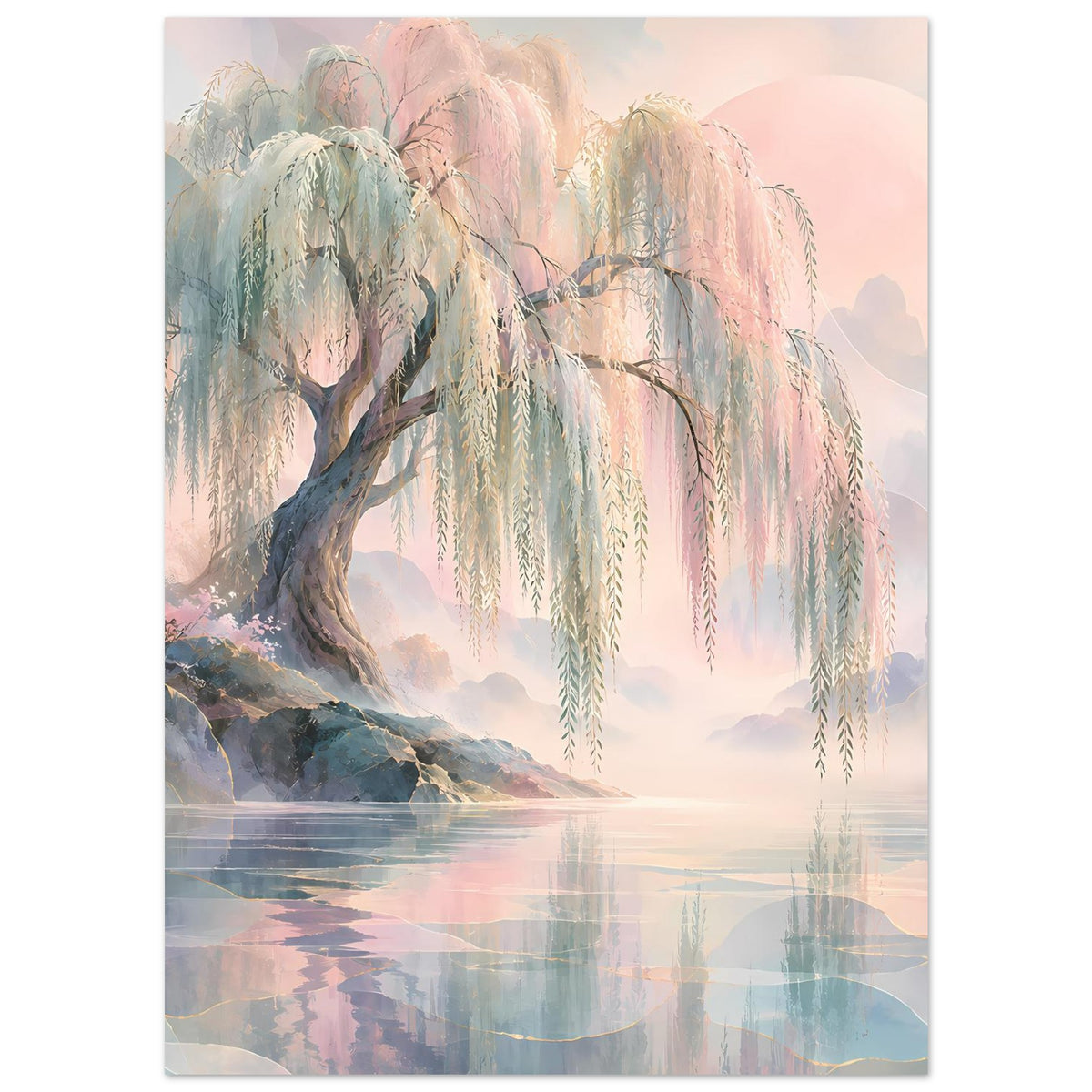 Hochformatiges Naturposter: Trauerweide im Pastell-Look, silbriges Laub und ruhiges Wasser