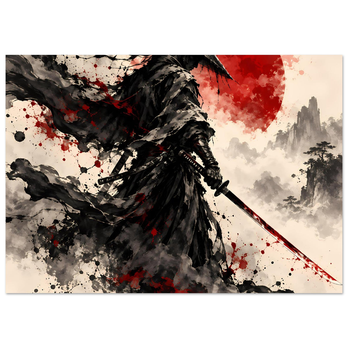 Kunstdruck: Samurai-Krieger im schwarzen Umhang mit Katana, rote Sonnenscheibe, Spritzfarbe