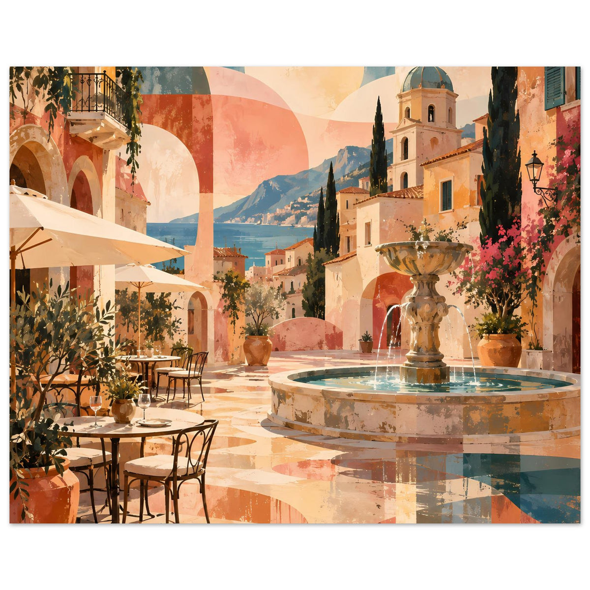 Mediterranes Poster im Querformat: Steinterrasse mit Brunnen, Pflanzenkübeln und Abendstimmung in Pastell