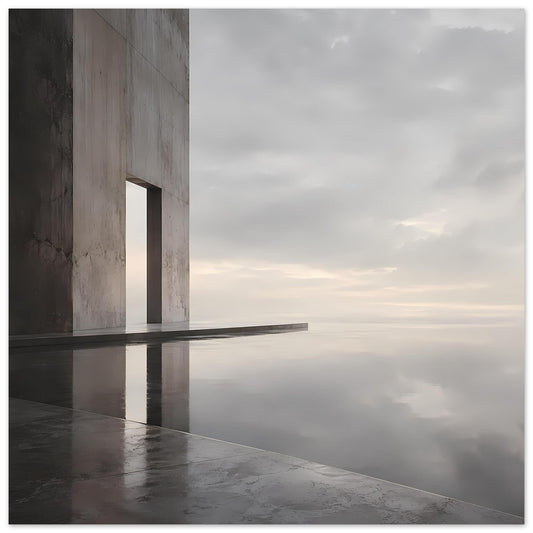 Architektur-Poster mit Betongebäude, dunklem Rand und Spiegelung auf grauem Wasser