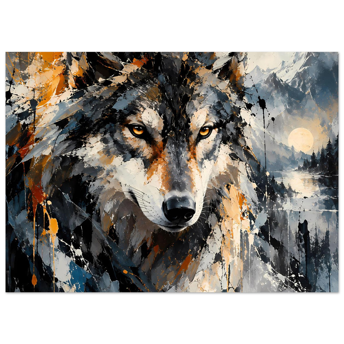 Wolf-Kunstposter mit abstraktem Wolf, orange-graues Farbschema, Figurenblick und Sprüh-Optik