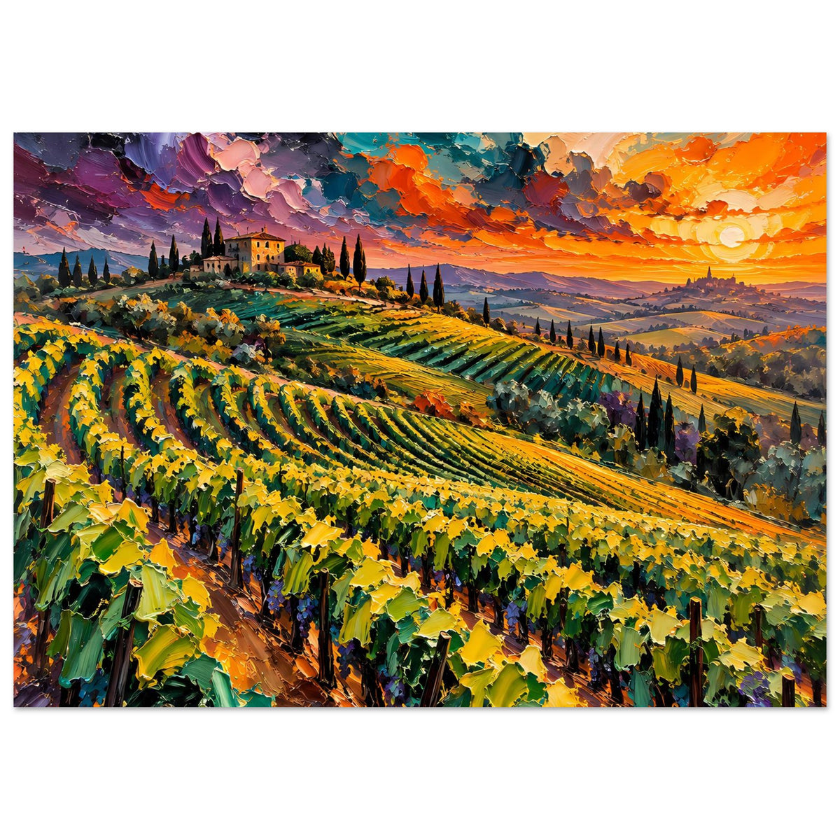 Landschaftsposter mit Rahmen: Weinberge in Reihen bei buntem Sonnenuntergang
