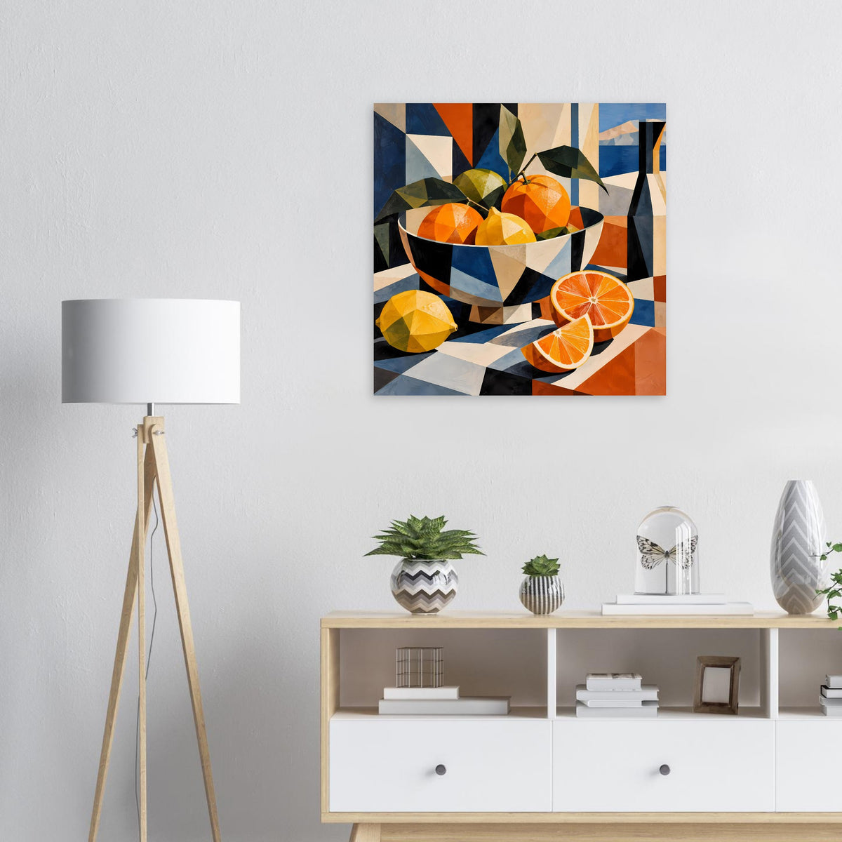 Kubistisches Zitrus-Stillleben-Poster mit Schale, Orangen und geometrischen Formen in Orange, Gelb, Blau