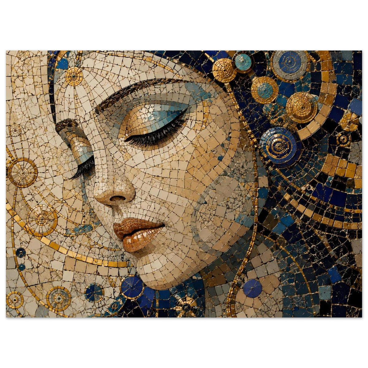 Mosaik-Porträtposter: Frauengesicht mit blauem Tuch, goldenen Spiralen und Kreismustern
