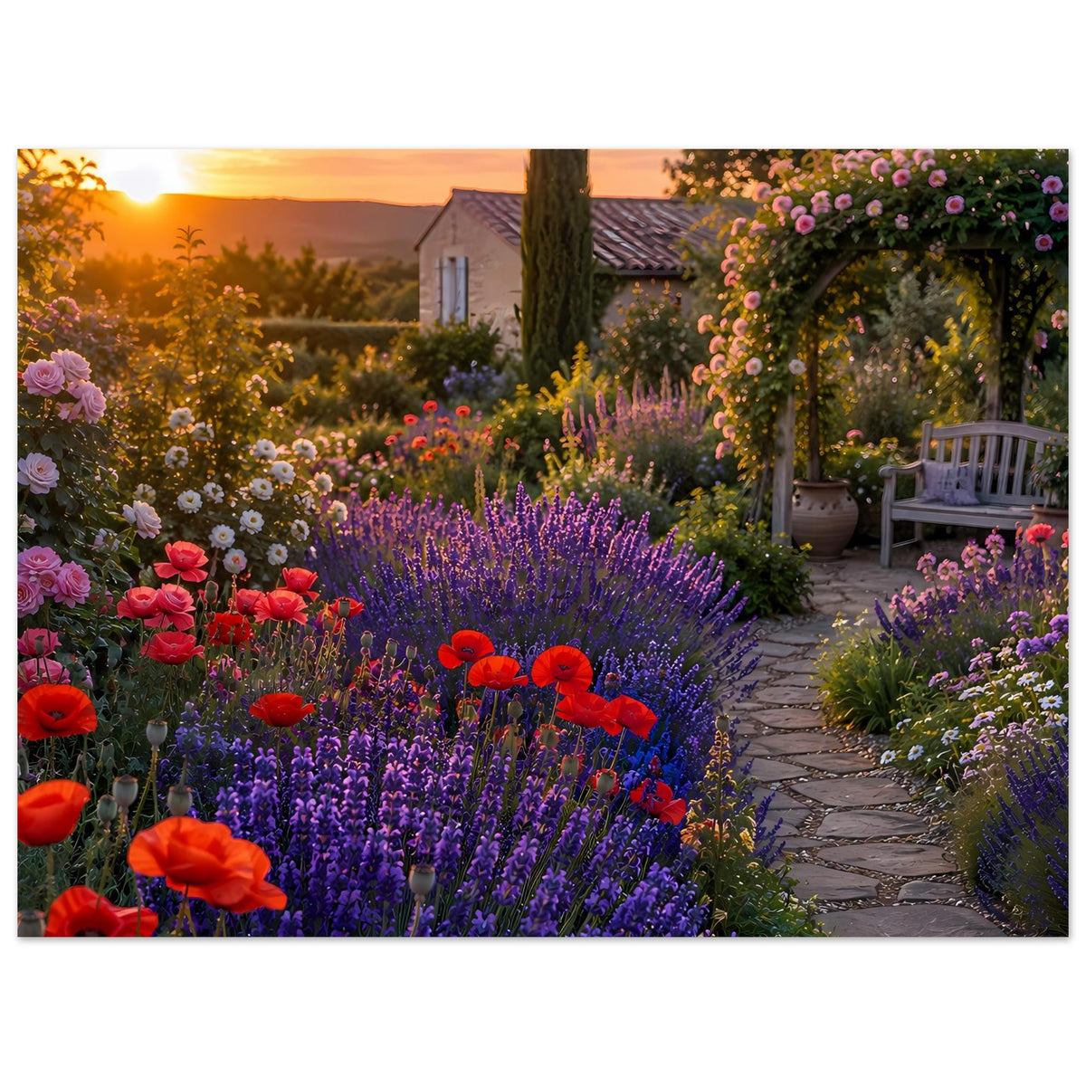 Querformatiges Poster mit Gartenweg, lila Lavendel und rote Blüten, Abendsonne im Hintergrund