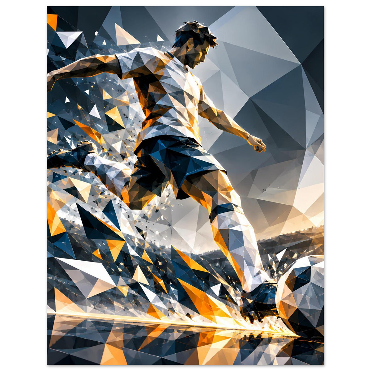 Fußballposter Hochformat: polygonaler Fußballspieler in Blau, Weiß und Orange, Ball unten rechts