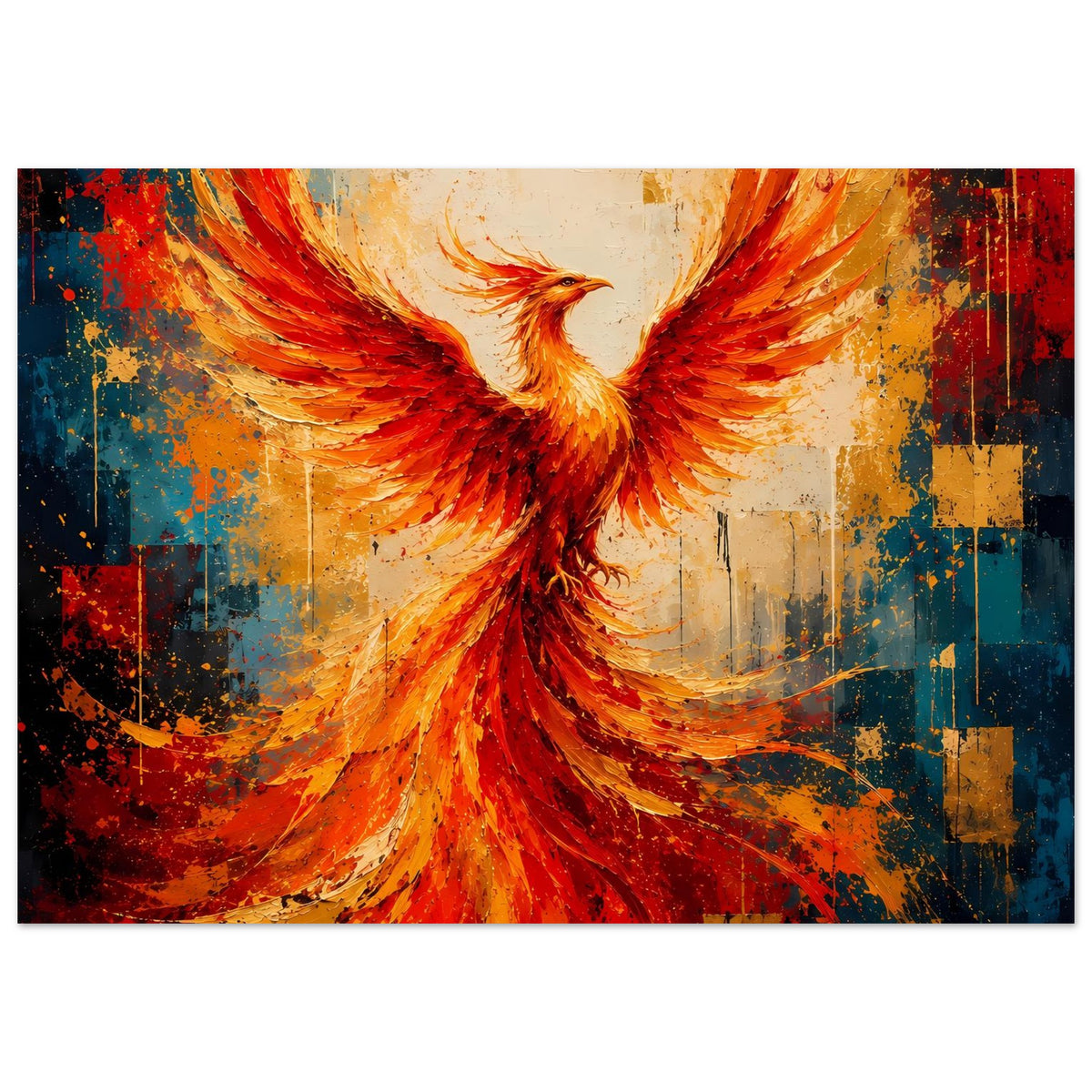 Leuchtendes Phönix-Poster im Querformat: großer roter Phönix mit orange-roten Flügeln