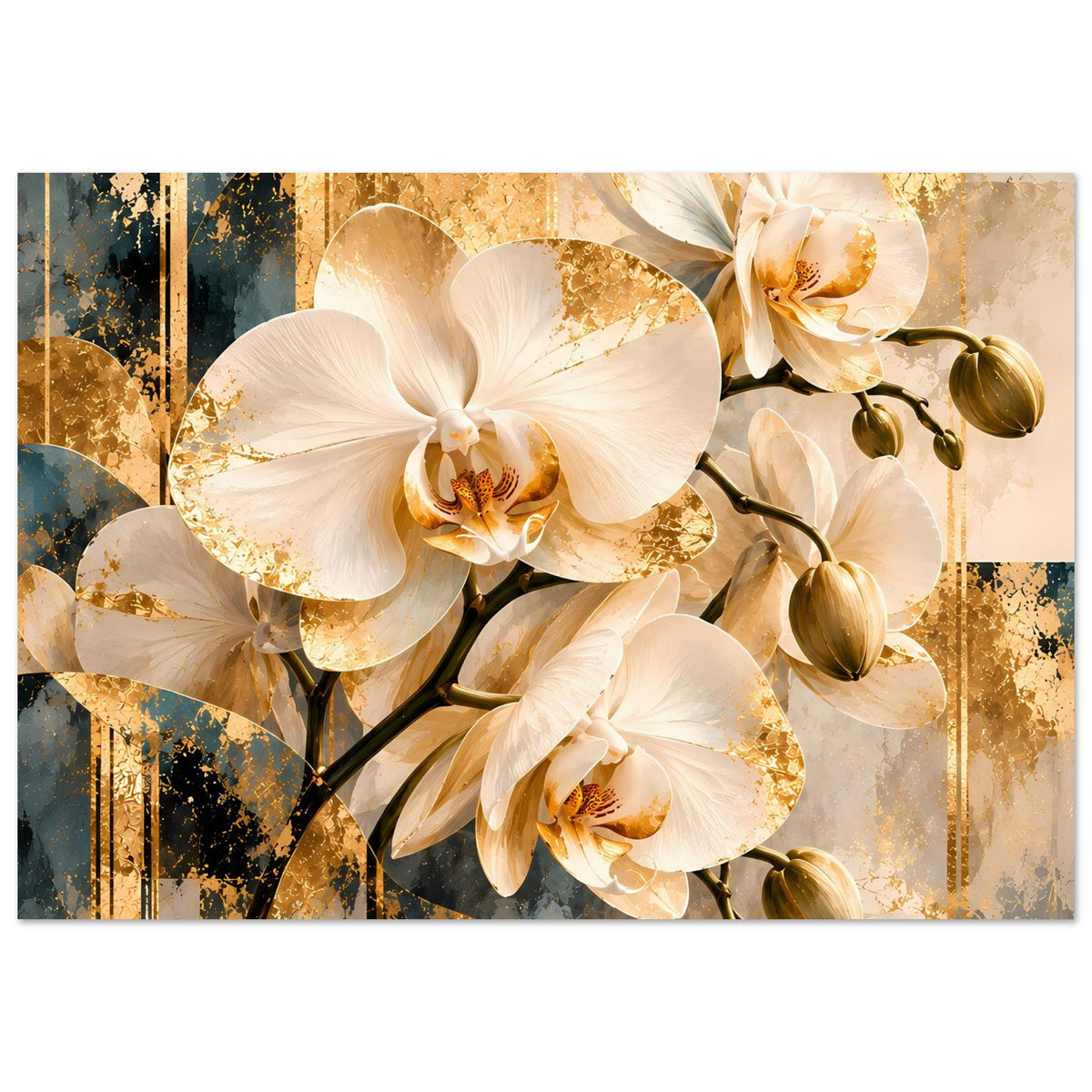 Orchideenposter mit weißen Blüten, goldenen Sprenkeln und dunklen Vertikallinien im Rahmen