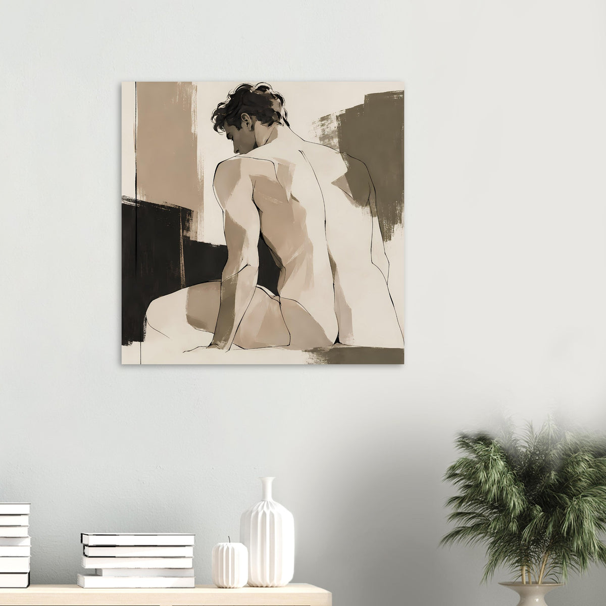 Kleines Kunstposter mit Aktfigur, sepiafarbene Abstraktion, sichtbarer Rahmen