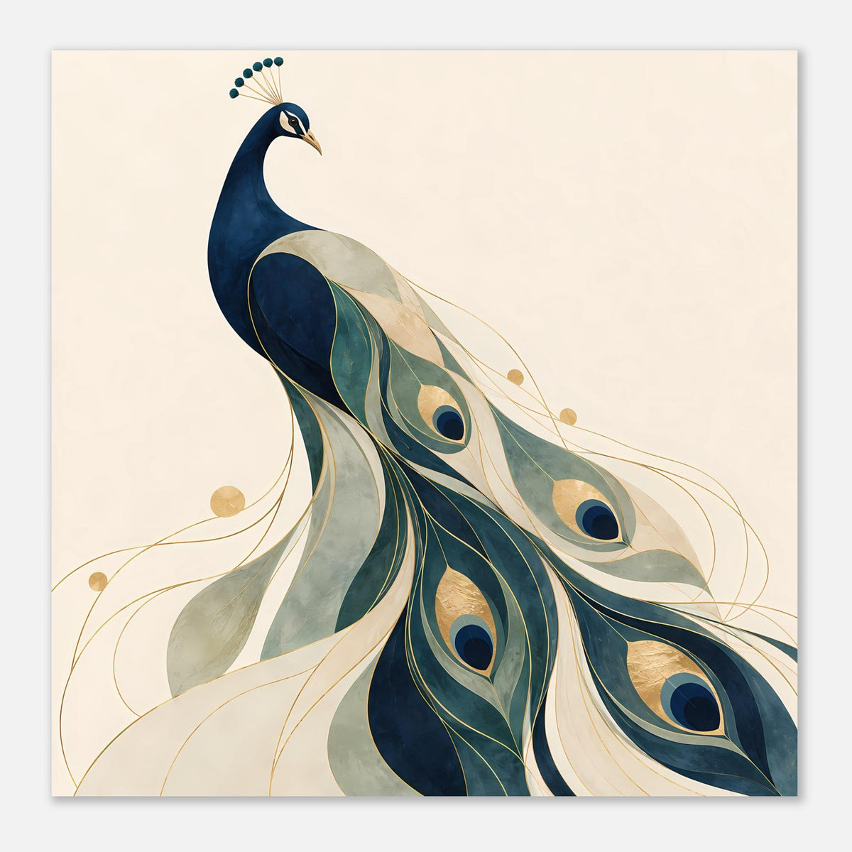 Pfauenporträt-Poster mit blauem Pfau, grünen und goldenen Augenfedern, diagonal