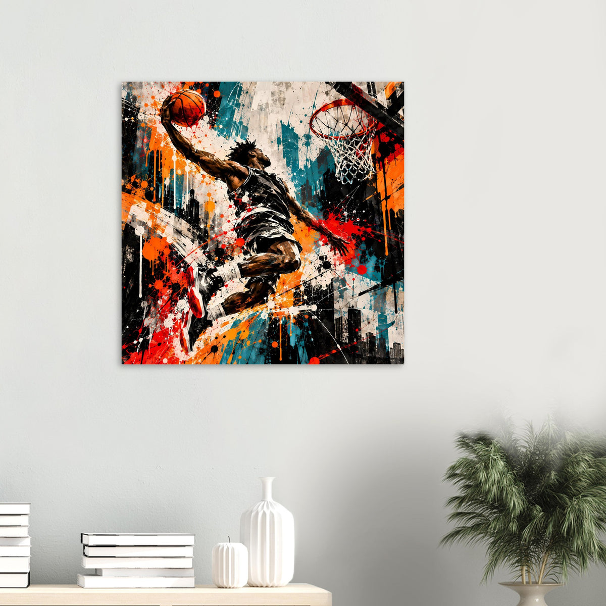 Kleines Basketball-Poster: Wurfpose mit Ball, Korbnetz rechts oben, farbige Spritzer und Punkte