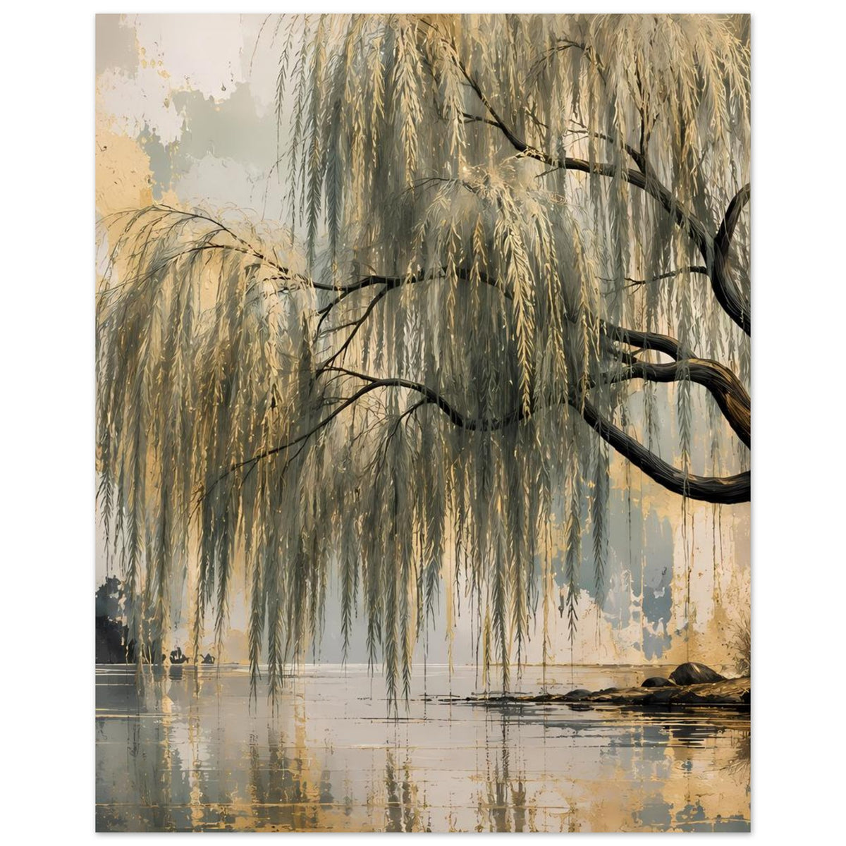 Wandposter Weidenbaum-Motiv mit ruhiger Wasserfläche und goldblauem Farbverlauf
