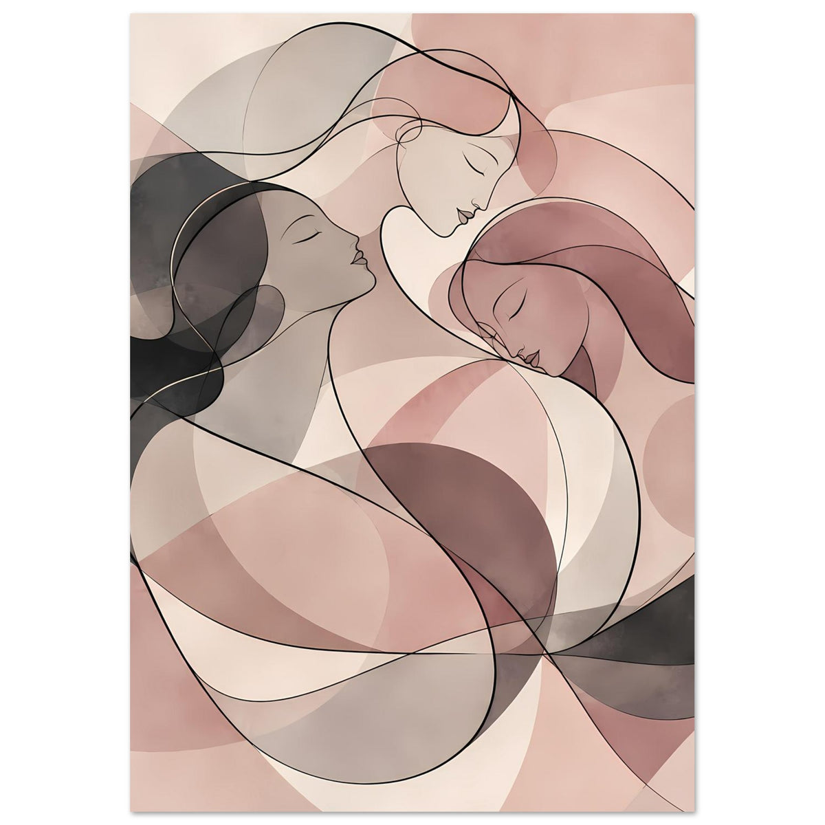 Abstraktes Poster mit drei Frauenporträts in Rosé, Creme und Grau