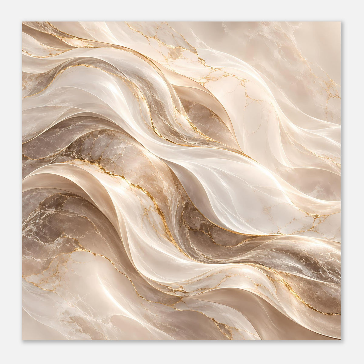 Abstraktes Wellen-Poster horizontal: cremefarbene Wellen mit goldenen Adern und taupefarbenen Schatten.