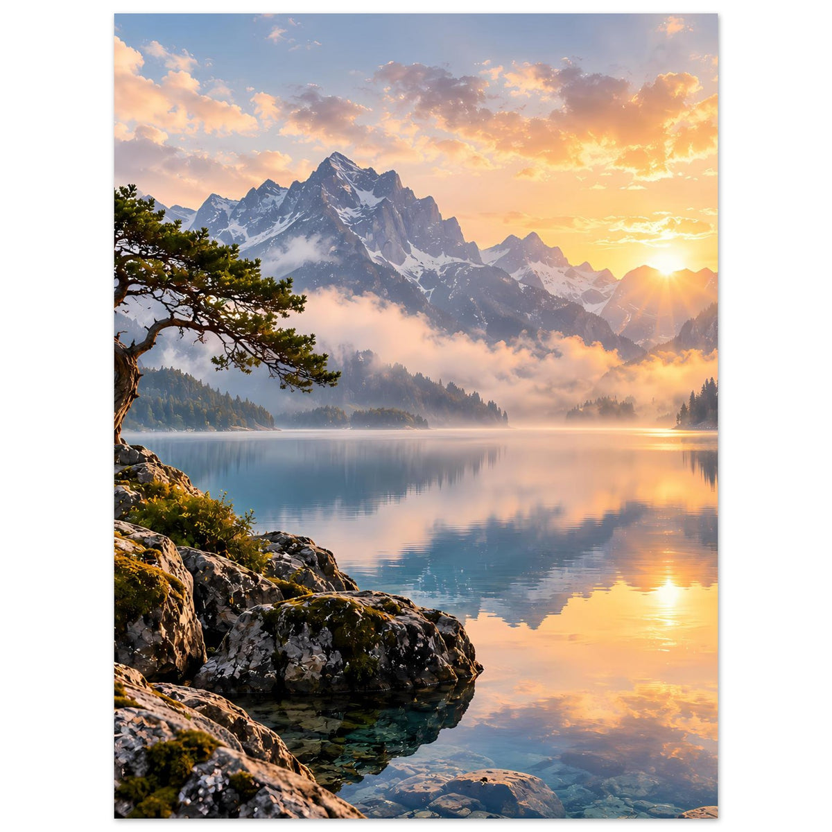 Hochkant-Poster: Sonnenaufgang am Bergsee, Baum auf Felsen und spiegelnder See