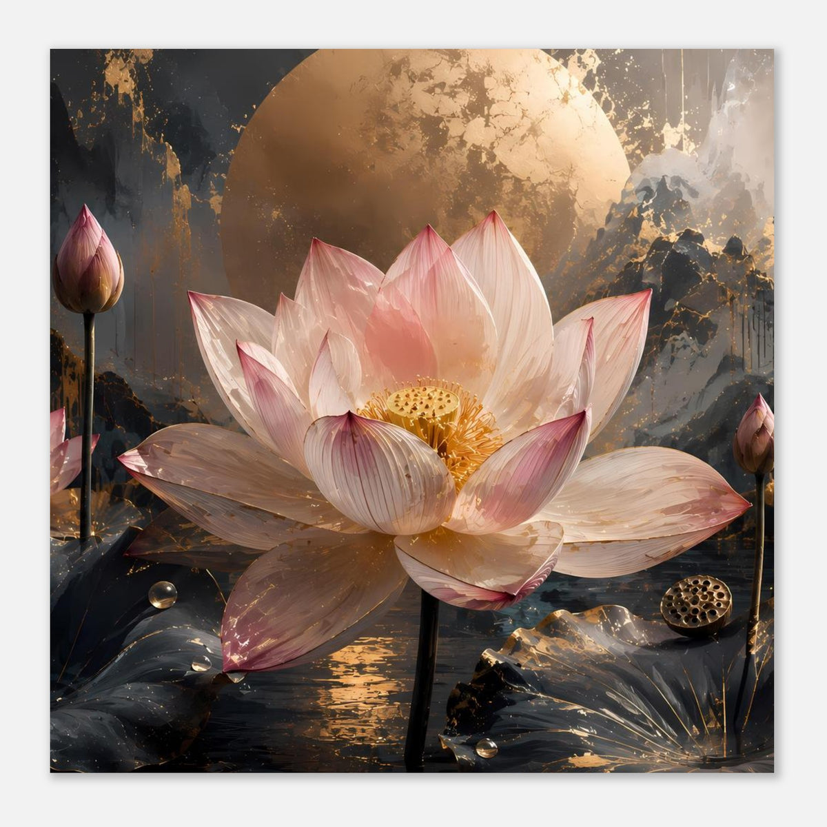 Poster: zentrale rosa Lotusblüte mit goldenem Staubkern, goldene Mondsichel, dunkle Blätter