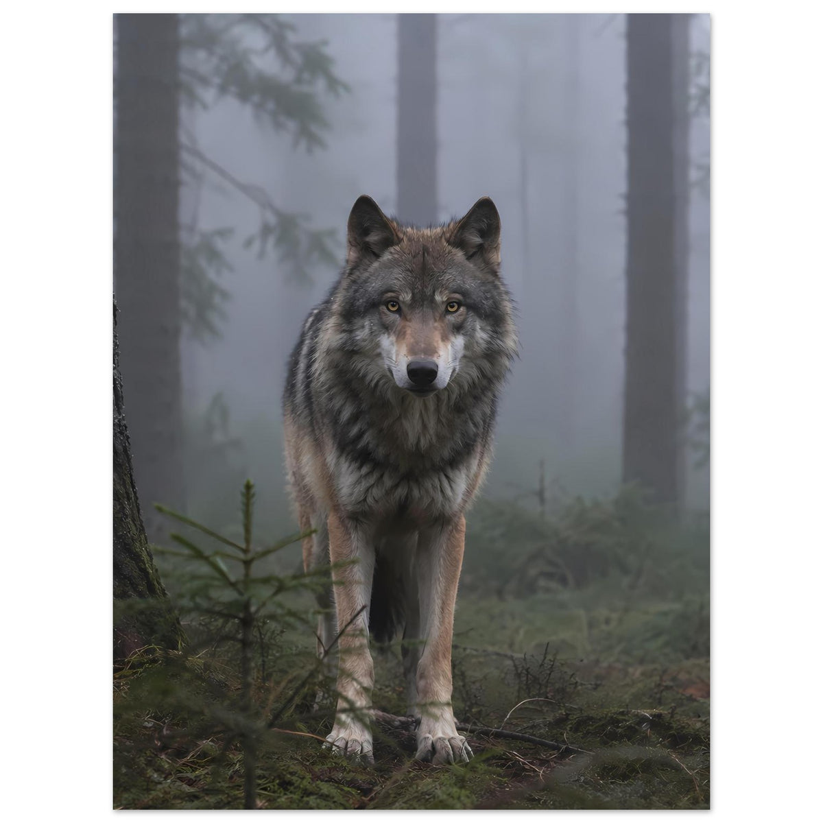 Poster mit grauem Wolf im Nebelwald, gerade frontal, dunkler Rahmen