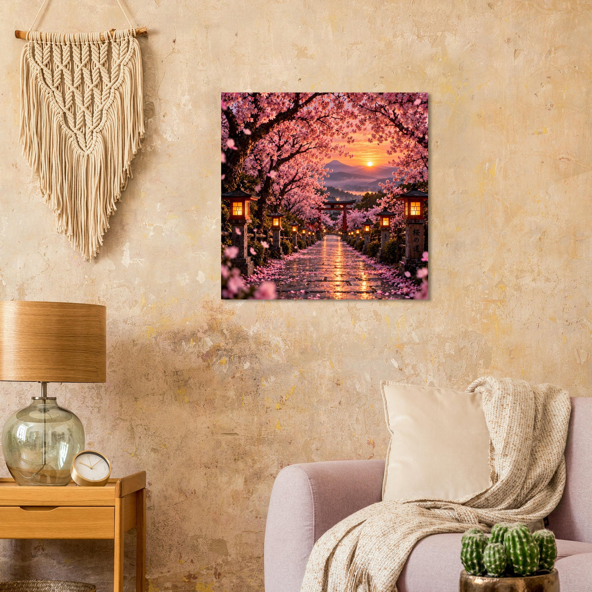 Quadratisches Wandposter mit Kirschblütenweg und warm beleuchteten Laternen