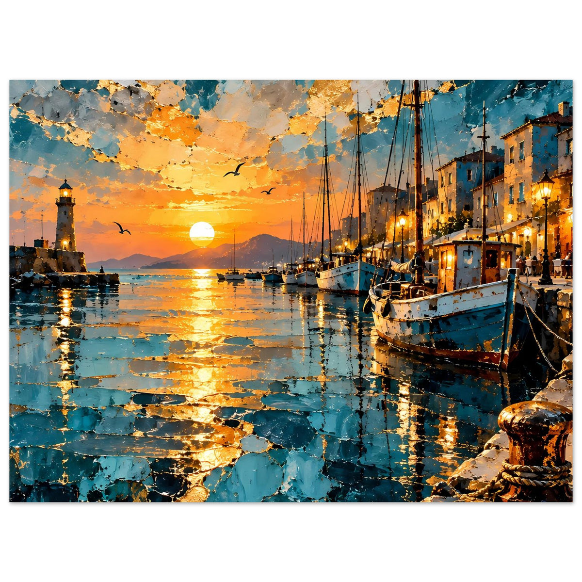 Querformat-Poster mit Sonnenuntergang über dem Hafen, Segelbooten, warmen Lichtern und Reflexen