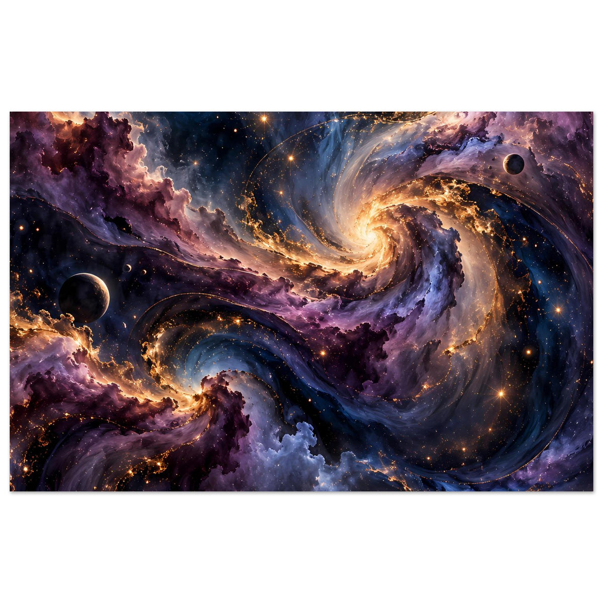 Horizontales Weltraum-Poster mit farbenprächtiger Spiralnebel-Galaxie, Planeten und Sternen