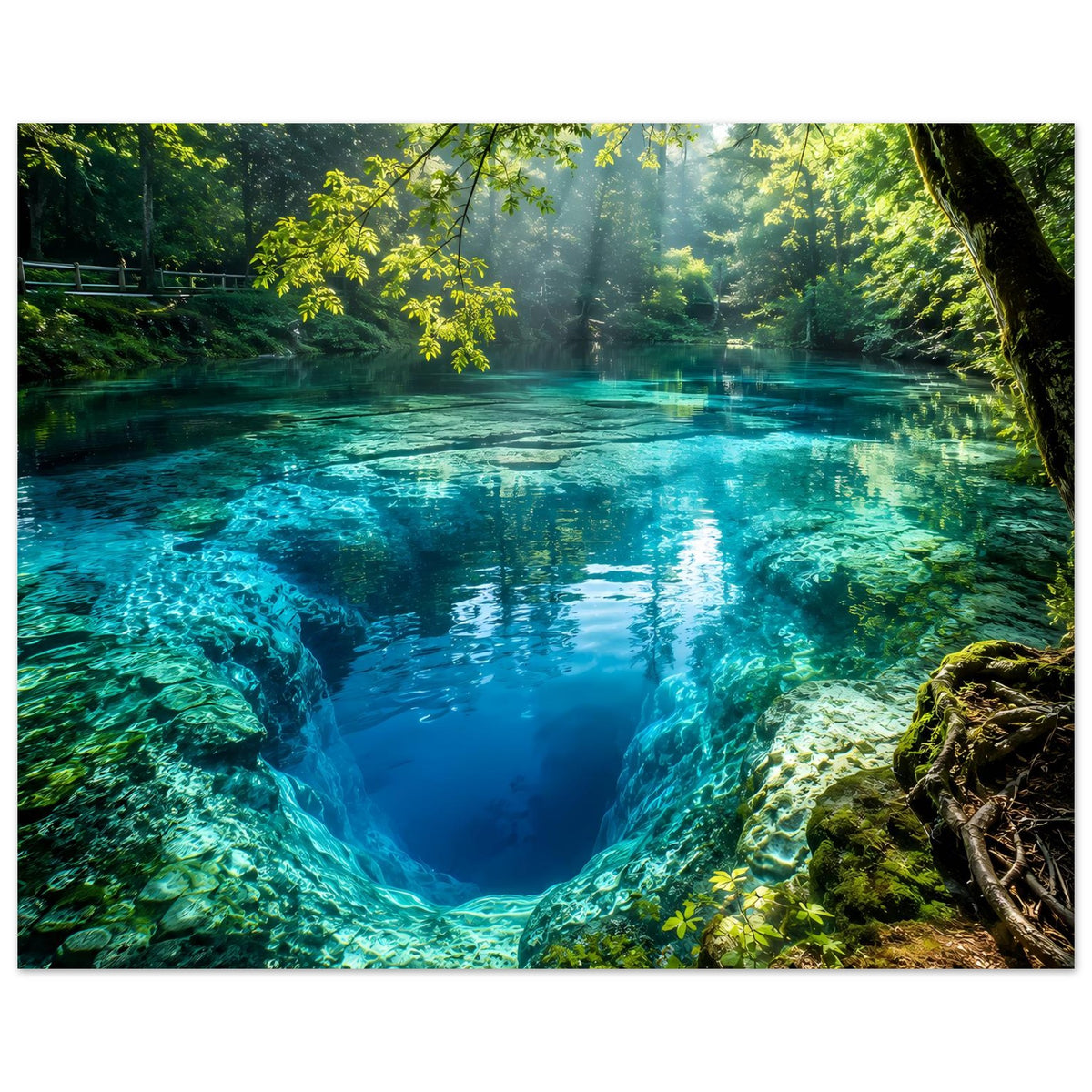 Horizontales Poster: Blaugrüner Waldsee mit Felsgrotte, Schaumkanten im Wasser und grünem Ufer.