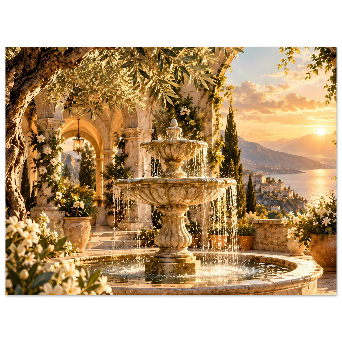 Poster im Querformat: Springbrunnen mit Wasserfontäne, goldene Blätter und Stadt am Meer