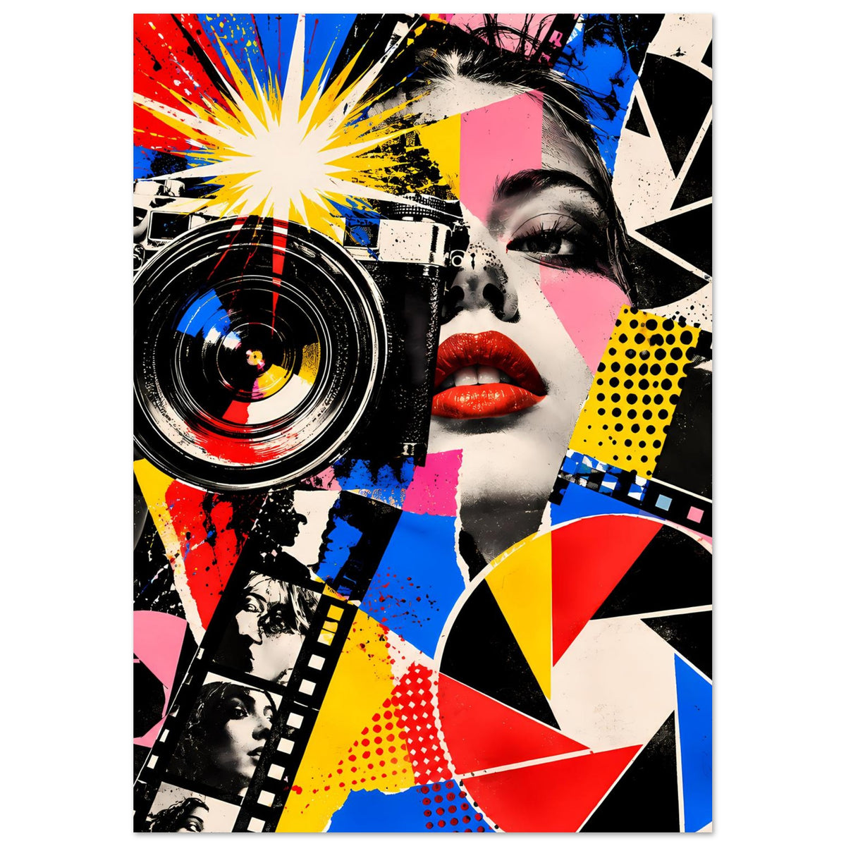 Hochformat-Poster mit Kamera-Linse und Pop-Art-Gesicht, gelbe Strahlen, rote und blaue Formen