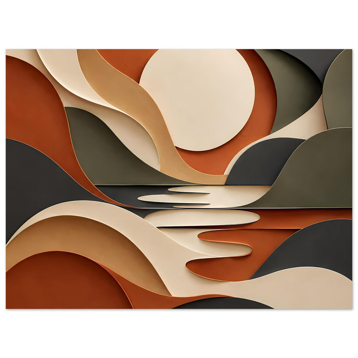 Kunstposter mit abstrakten Bahnen und Kreisring oben, Farben in Terrakotta und Salbeigrün