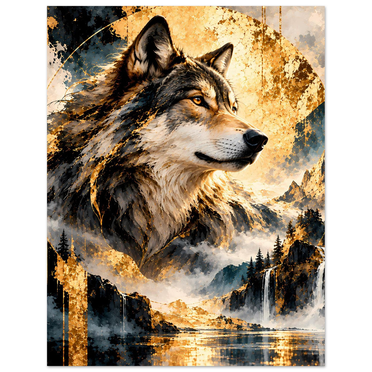 Wolfskunstposter: Vollständiger Wolf mit goldenen Akzenten vor Winterlandschaft, senkrecht