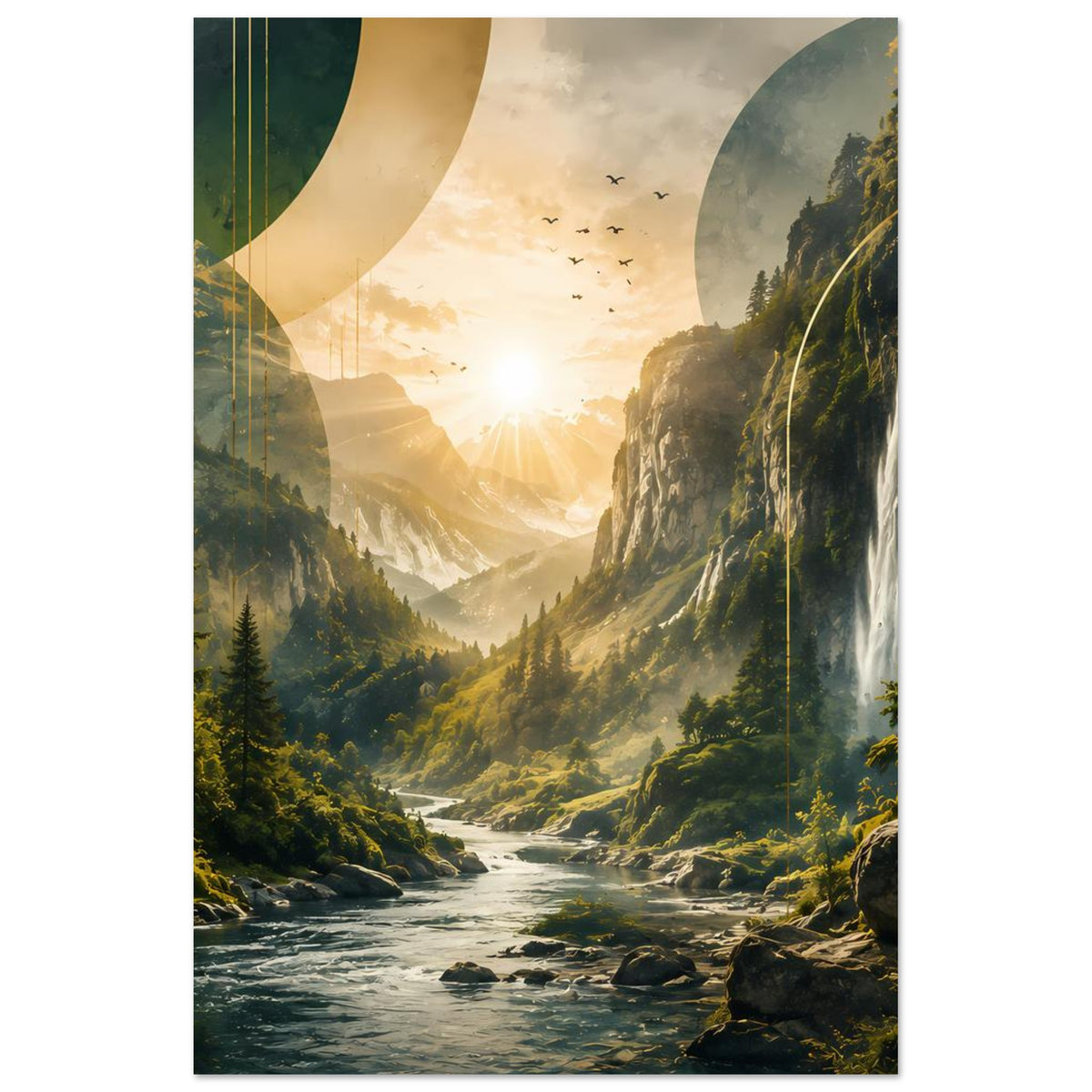 Landschaftsposter (vertikal) mit Wasserfall, Fluss und Sonnenaufgang zwischen Bergen