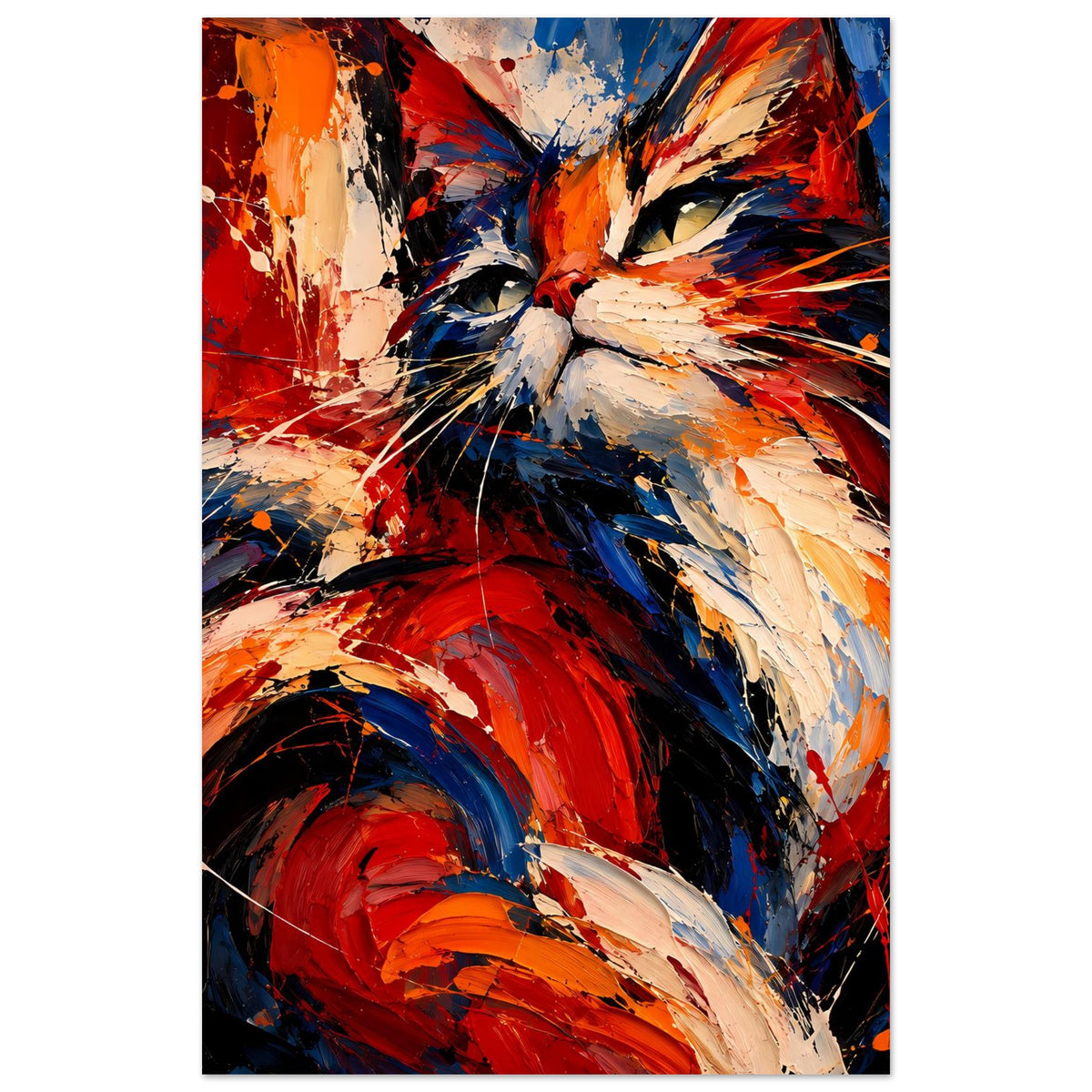 Hochformatiges abstraktes Katzenposter, zentrierter Katzenkopf in Rot und Blau