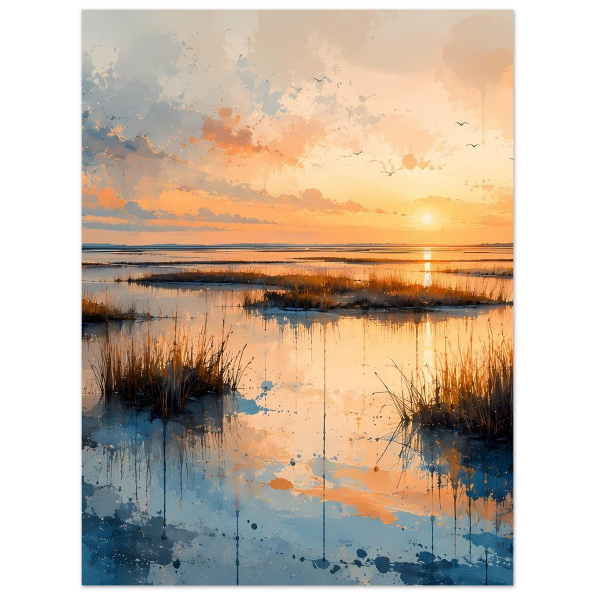 Küstenlandschafts-Poster mit Sonnenuntergang, spiegelndem See und dunklem Schilf am Ufer