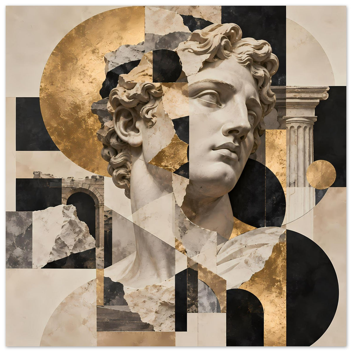 Kunstdruck in Querformat: antikes Portrait, abstrakte Muster mit Gold- und Schwarzflächen