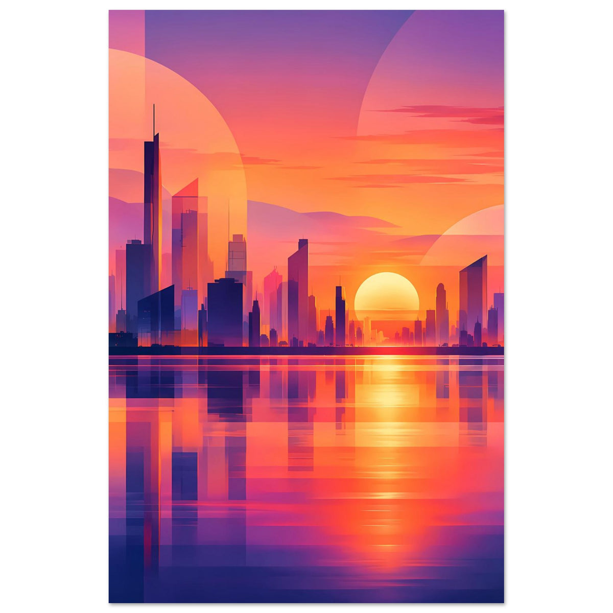 Stadtposter hochkant mit Skyline bei Sonnenuntergang und reflektierender Wasserfläche