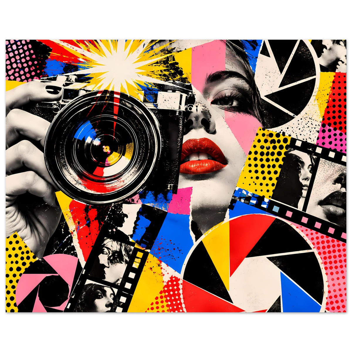 Pop-Art-Poster: Kamera-Linse links, Frauengesicht mit roten Lippen, bunte Punkte und Streifen