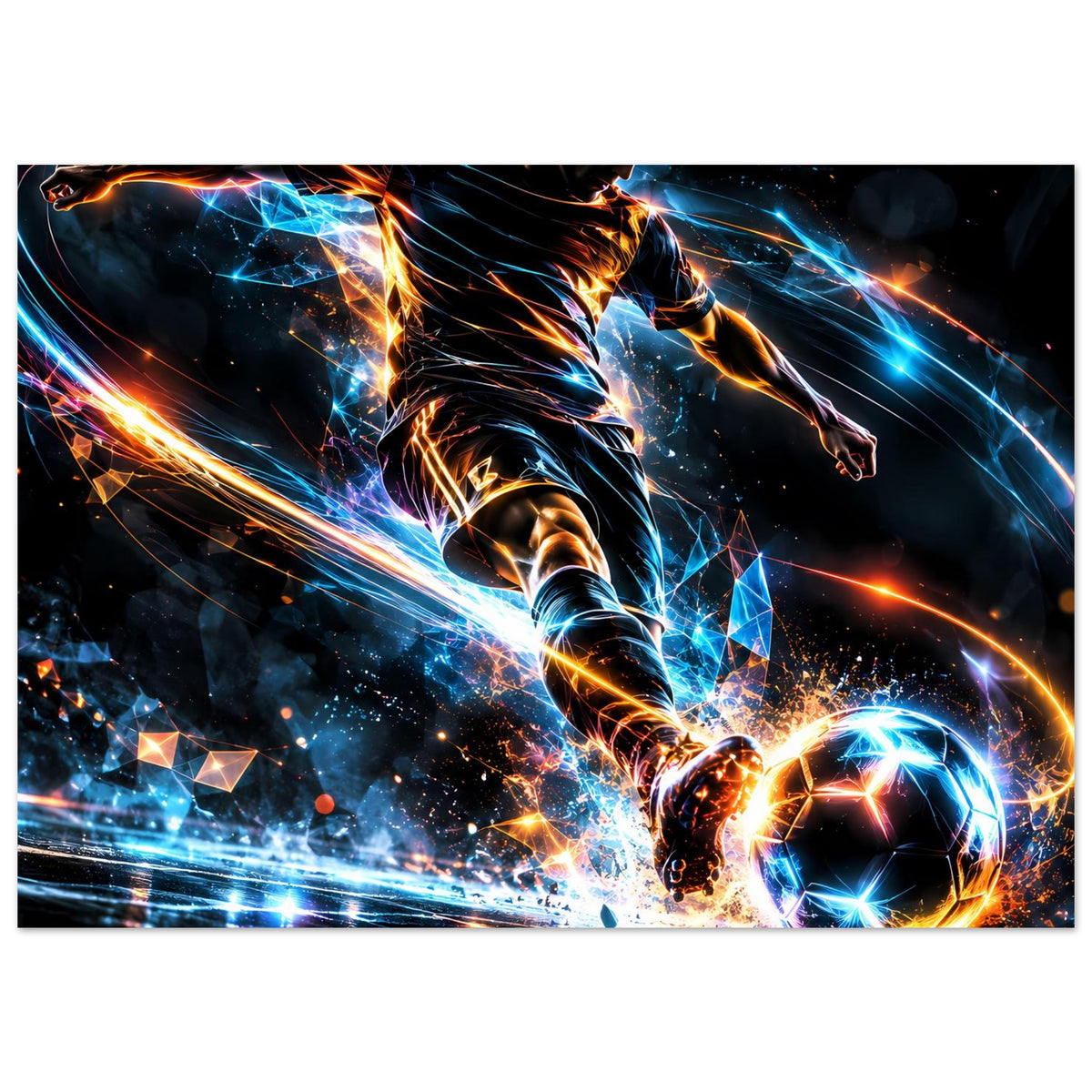 Neon-Fußball-Actionposter mit Spieler, leuchtenden Lichtbahnen und Ball, Querformat