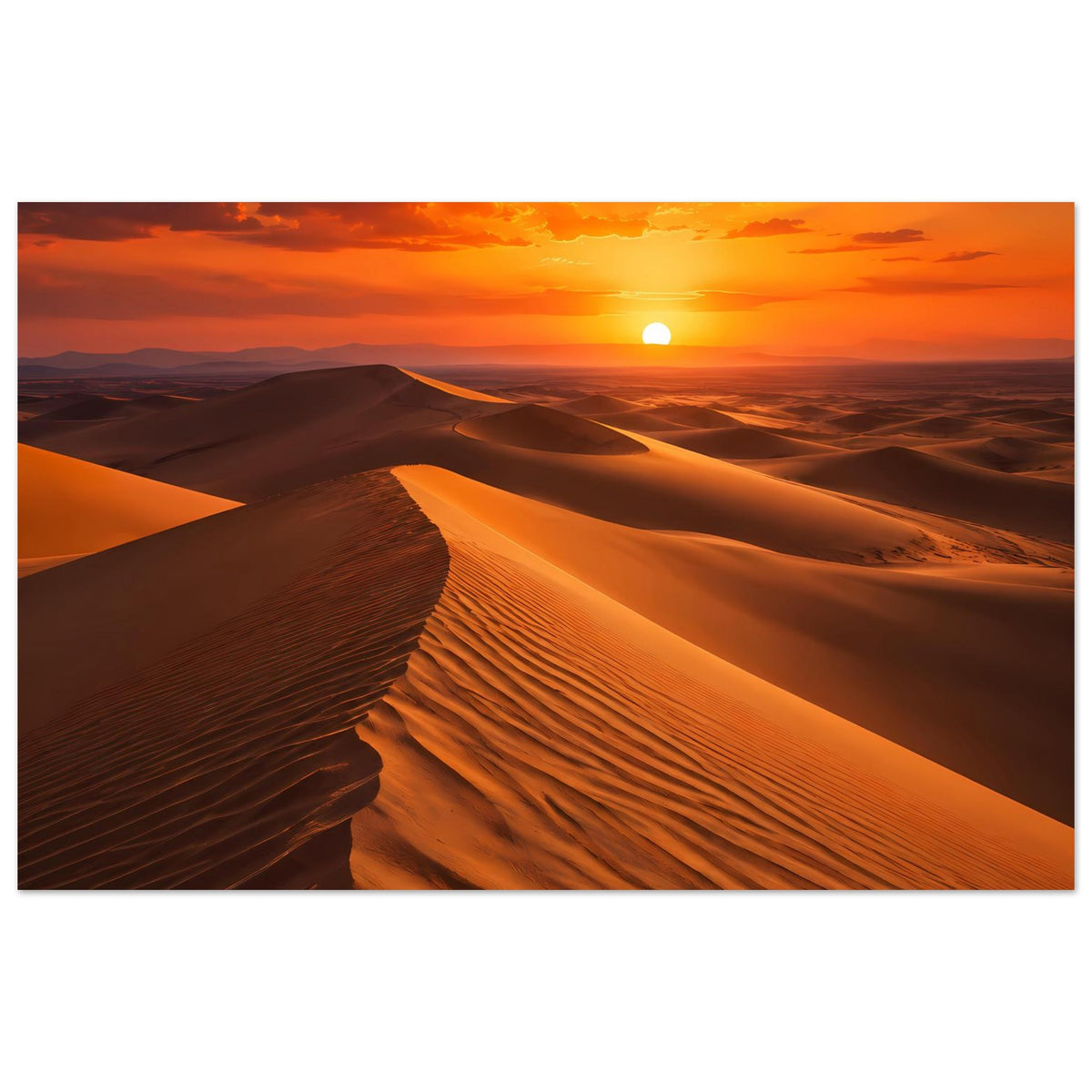 Wüstenposter im Querformat: goldene Sanddünen, gelbe Sonne am orangefarbenen Himmel