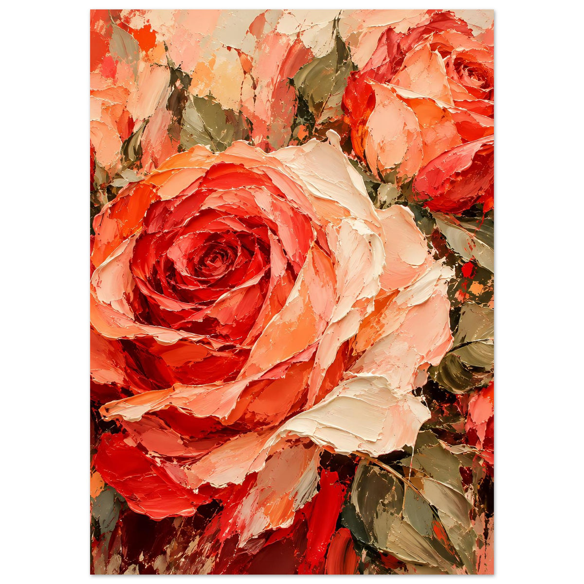 Blumenposter mit Rosenblüten in Rot/Orange/Beige und grünen Akzenten, mittig