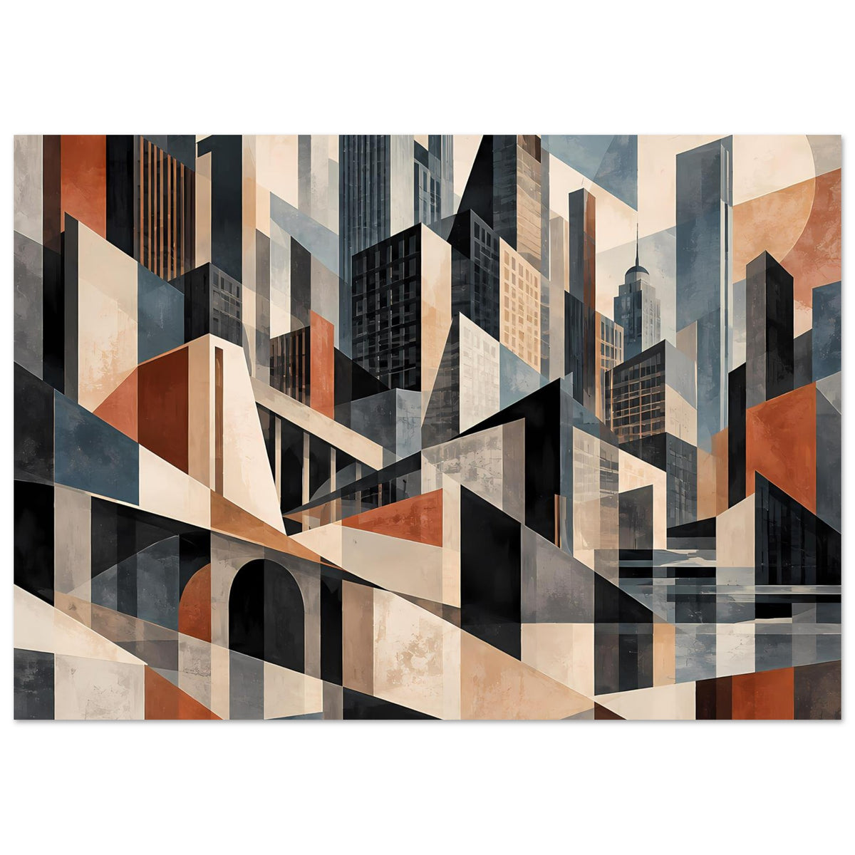 Architekturposter im Querformat: Hochhäuser aus verschachtelten Rechtecken in Blau und Braun