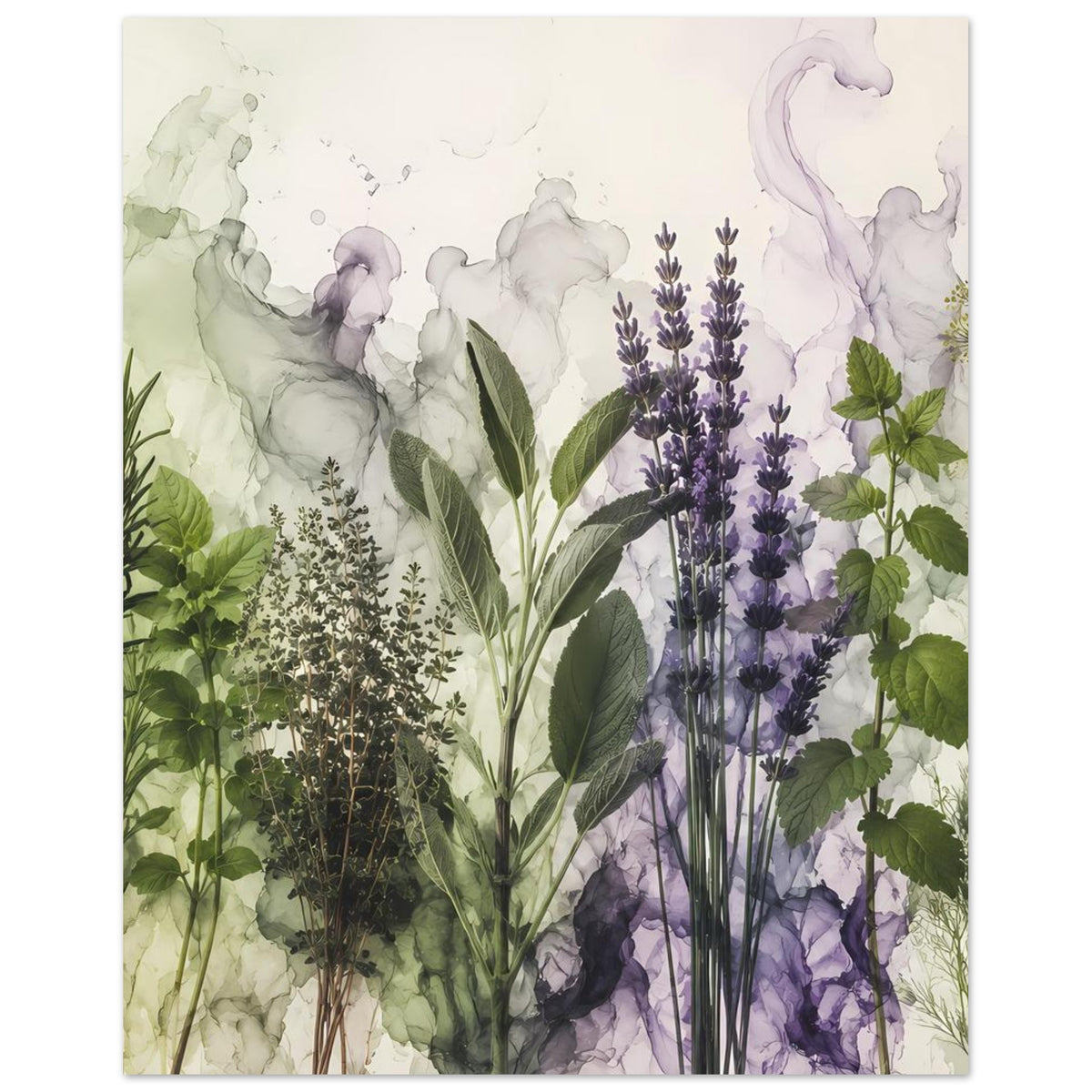 Botanisches Poster im Hochformat mit lilafarbenen Lavendelblüten und grünen Kräutern