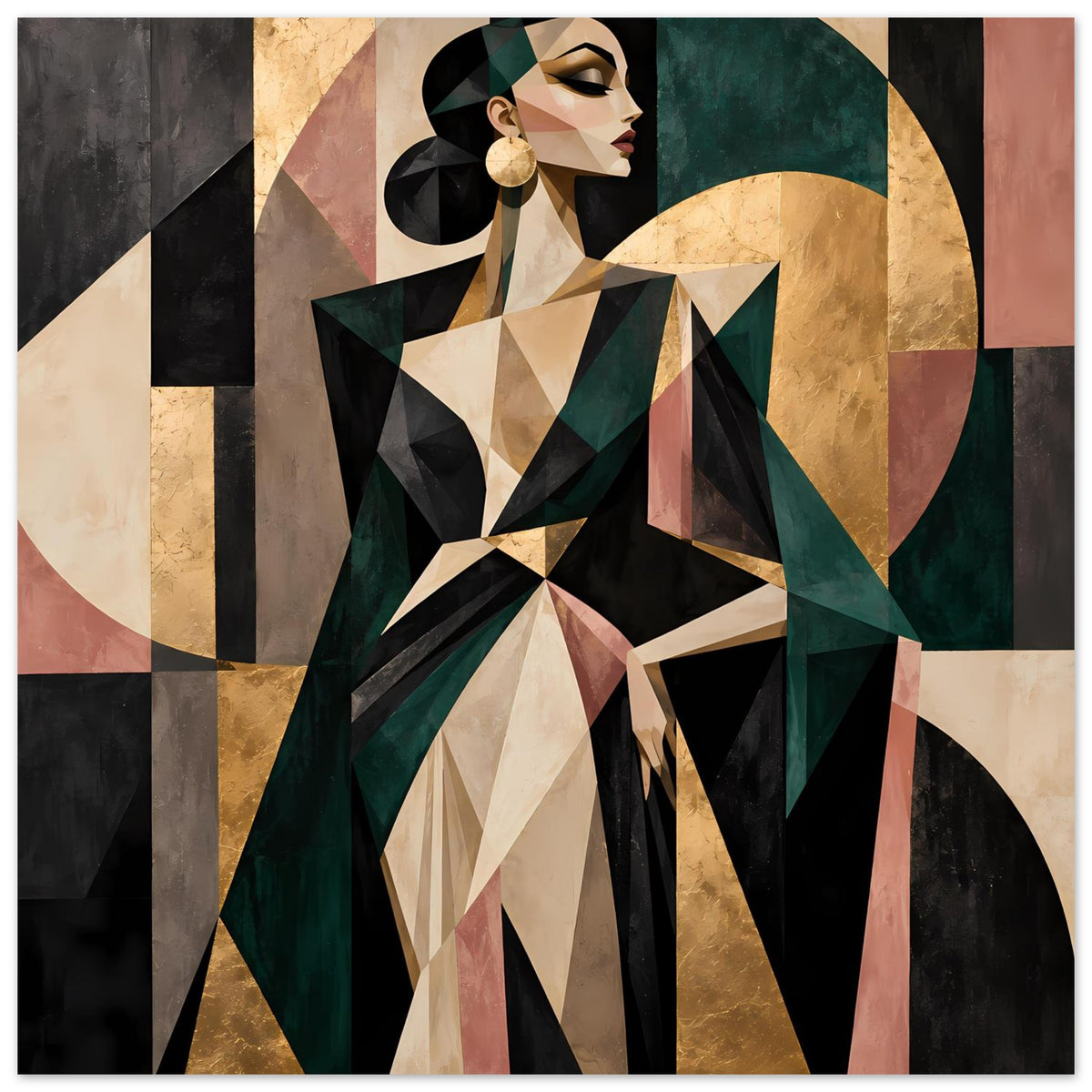 Abstraktes Poster mit geometrischer Frau in Olivgrün, Gold und Rosé