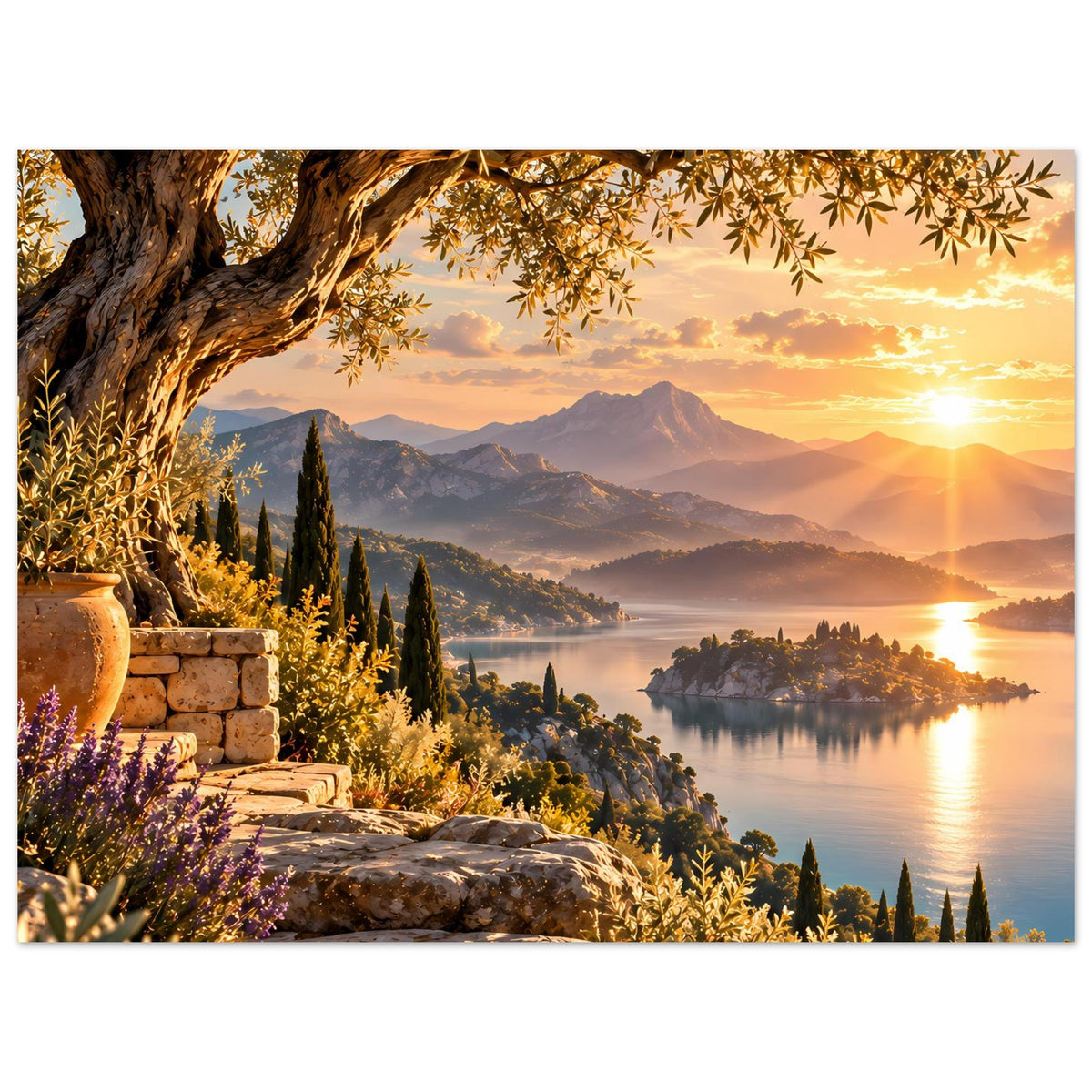 Poster im Querformat: Sonnenuntergang über See und Berge, Olivenbaum und Steintreppe