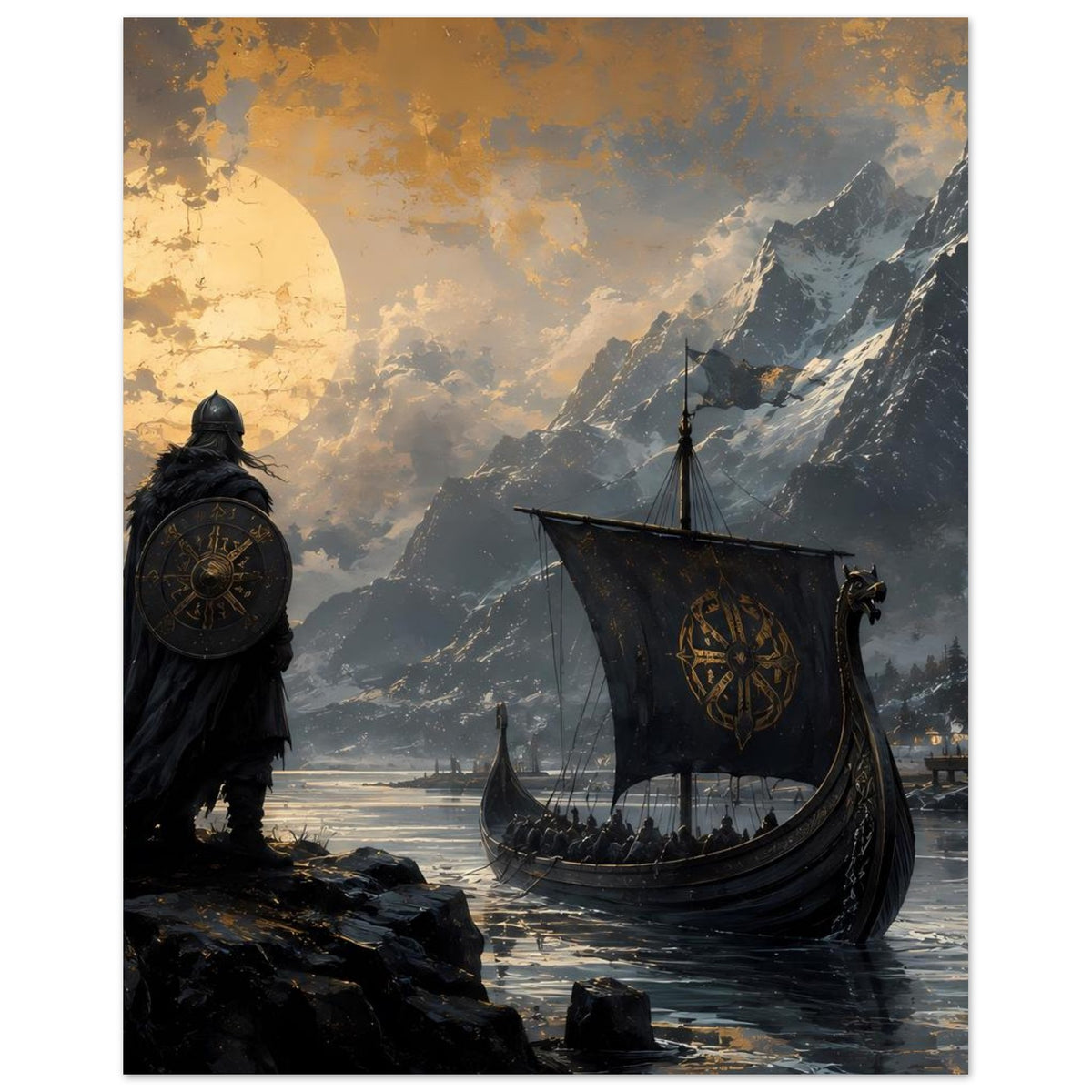 Wikinger-Poster: Krieger mit Schild und Drachenboot, Berge im Hintergrund