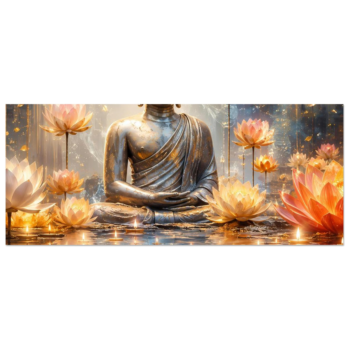 Panorama-Poster mit Buddha im Lotussitz und leuchtenden Lotusblüten, längliche Ansicht.