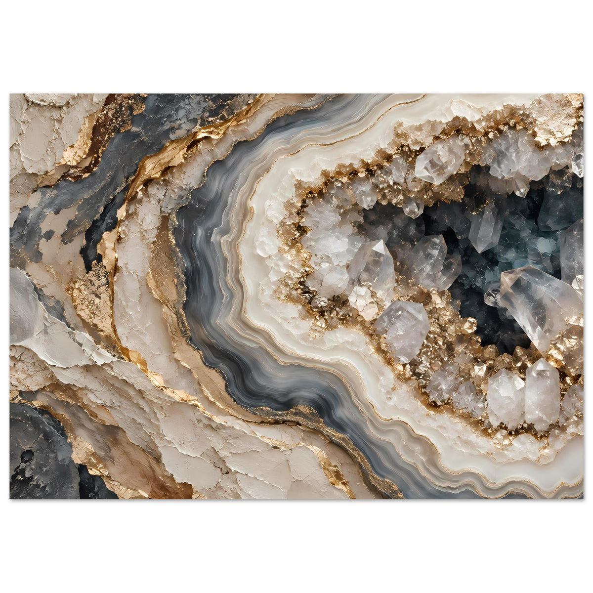 Poster mit Geoden-Schichten in Creme, Rauchgrau und Gold, horizontal